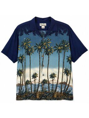 Back Bay Men’s Hawaiian Shirt Large Blue Palm Tree Tropical Button Front Rayon